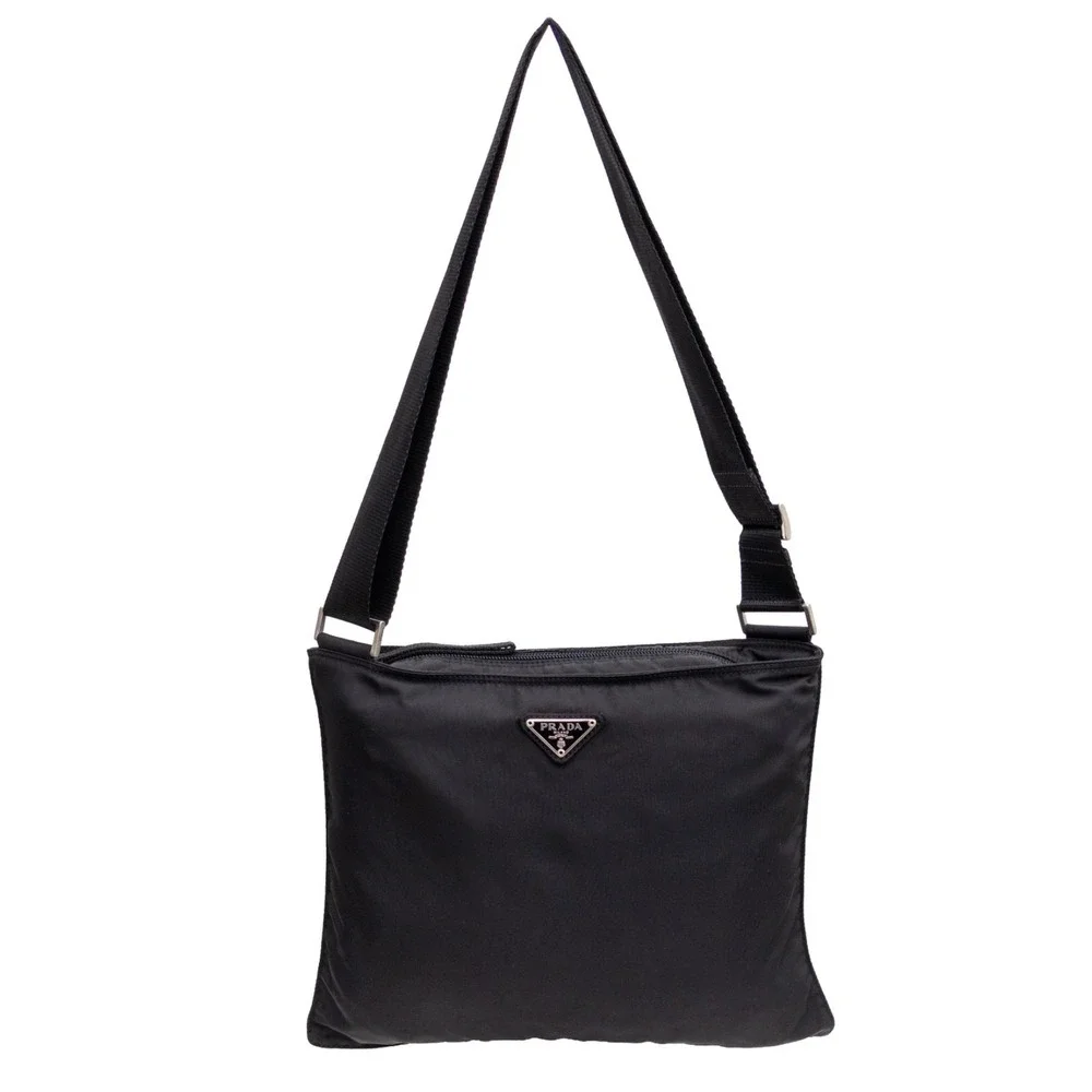 Prada Vintage Black Vela Nylon Small Flat Messenger Bag Adjustable Strap